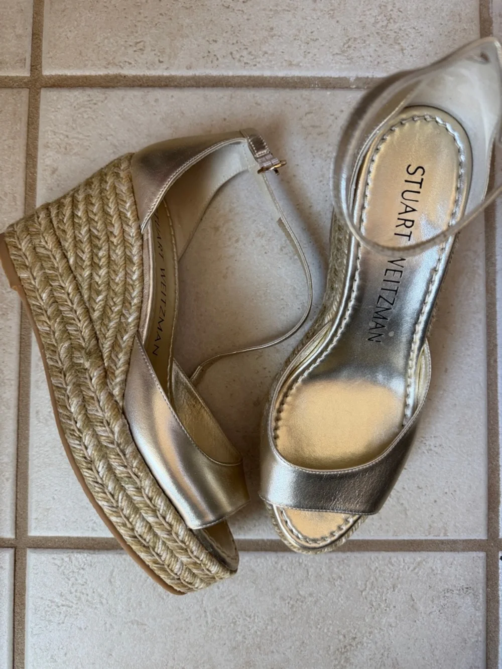 Stuart Weitzman Metallic Gold Espadrille Wedge with Ankle Strap size 8 NWOT - Picture 1 of 12
